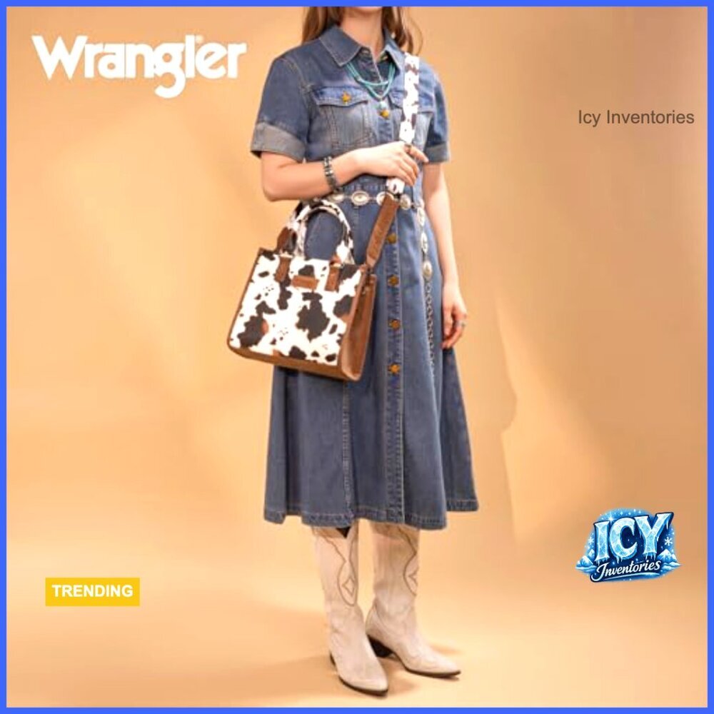 Western Retro Top Handle Tote Bag with Cow Print and Whipstitch Details - Picture 2 of 7